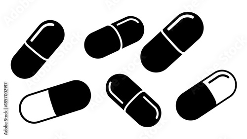 Black and white capsule icons isolated on white background for health concepts