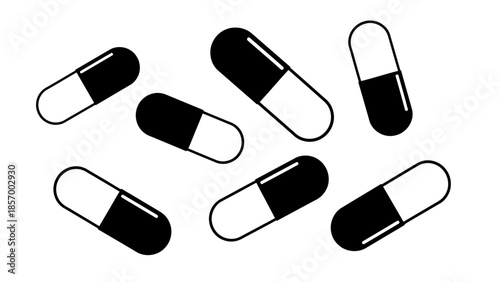 Black and white pills vector illustration for healthcare and medical concepts