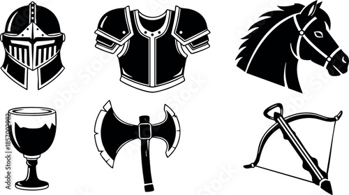 Medieval knight armor helmet horse axe crossbow cup vector illustration set 
