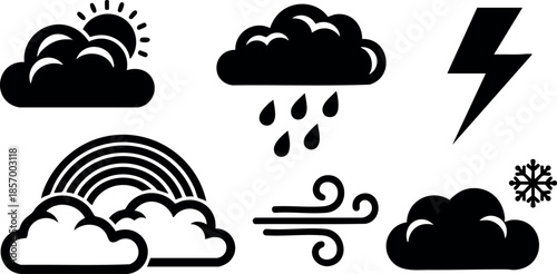 Weather icons set including sun behind cloud, rain cloud, lightning, rainbow, wind, and snowflake vector illustration 
