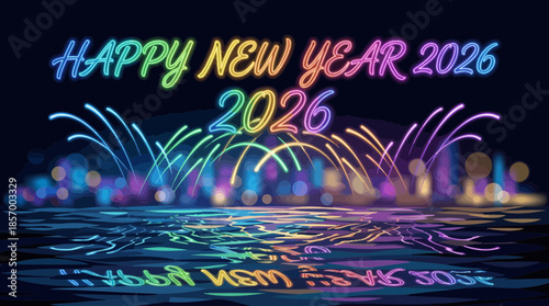 Vibrant vector art of a happy new year 2026 celebration with fireworks reflecting on the water, creating a festive and colorful display against a dark background