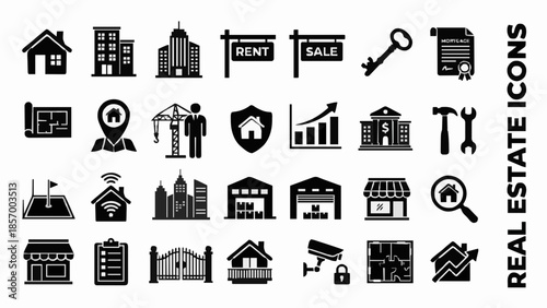 Real estate icons set for property, buildings, finance, and legal services