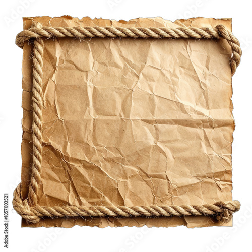 A square piece of heavily crumpled vintage brown paper framed by thick jute rope on a black background.