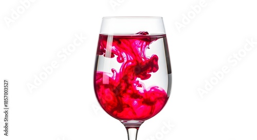 Red ink dissolving in water inside a glass on a white background