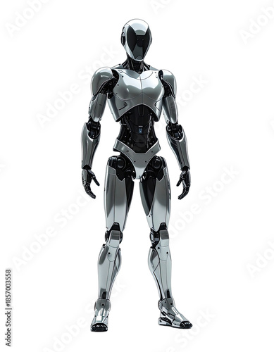 A sleek, silver humanoid robot stands prominently against a stark black background.