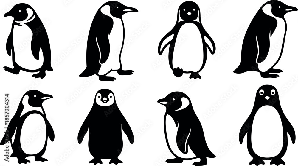 Fototapeta premium Penguin set cartoon vector illustration with black and white colors in silhouette style 