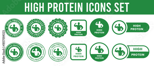 high protein food label emblem flat color vector illustration template design. high protein sign, logo, badge, icon, sticker, label, emblem, stamp, symbol, black, line, flat vector.	