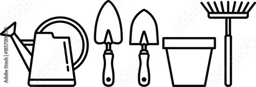 Outline illustration of 5 gardening tools watering can hand trowel shovel plant pot and rake