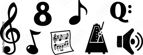 Music symbols including treble clef, eighth note, sheet music, metronome, and speaker icon vector illustration 