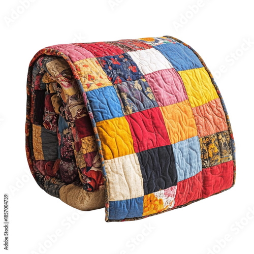 Colorful patchwork quilt isolated on transparent background