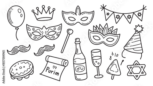 Purim celebration festive elements and traditional symbols hand drawn doodle vector illustration