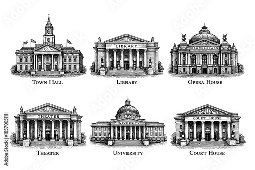 Historic landmark buildings: town hall, library, opera house, theater, university, courthouse