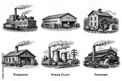 Vintage industrial buildings with smoke stacks and watermill in detailed engraving style