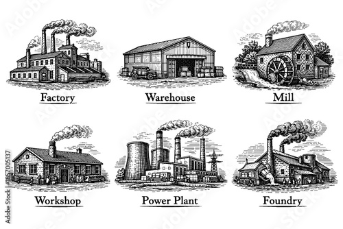 Industrial building icons with vintage engraving style for crafting and design