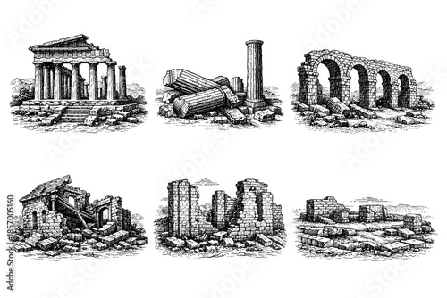 Detailed ruins sketch of ancient greek architecture