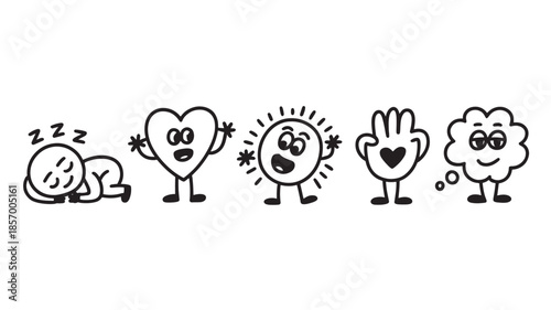 Hand drawn emotion and mood icons for mental health apps and well-being concepts simple doodle vector symbols
