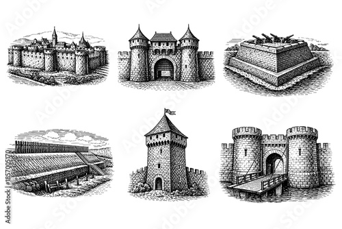 Medieval castle architecture collection with towers and moats in engraved style