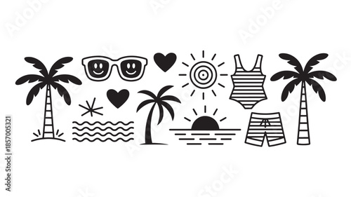 Summer vacation and beach holiday elements for web design and mobile app ui doodle line art icon set