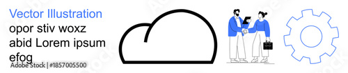 Cloud computing, team collaboration, business solutions, innovation, technology services, data management. A cloud, two professionals interacting and a gear icon. Cloud computing and team