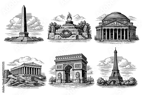 Detailed monument drawings: famous international landmarks in vintage style