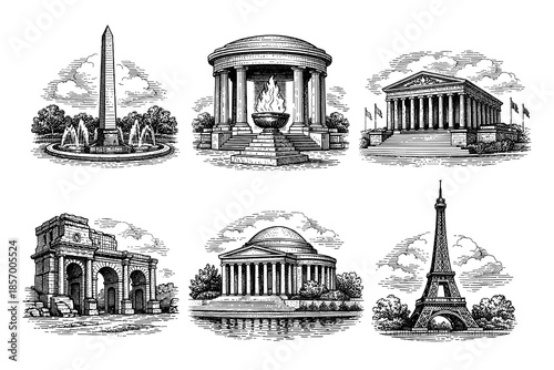 Monochrome landmark sketches: iconic monuments and architectural heritage