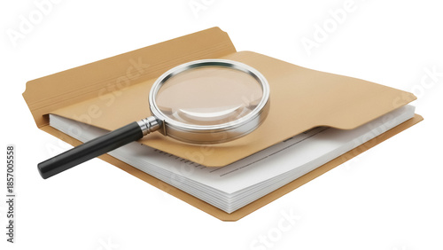 Tableau sur toile Magnifying glass on file folder with documents isolated PNG, business investigat