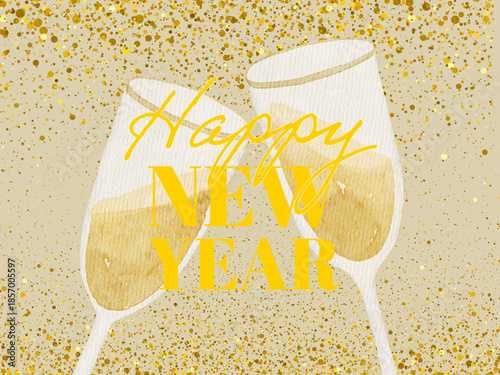 Happy New Year Celebration, Champagne Glasses Toast Illustration