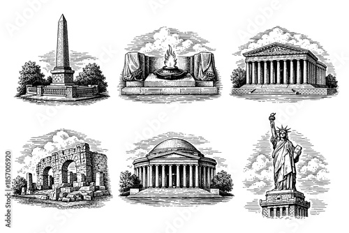 Historic landmark monuments in detailed engraved style