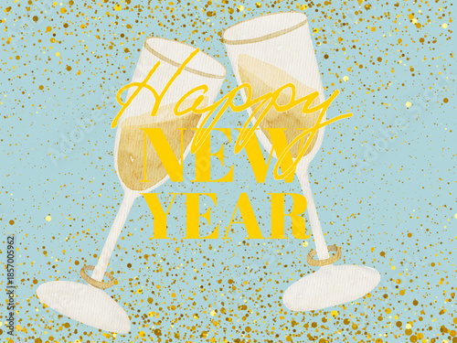 Happy New Year Celebration, Champagne Glasses Toast Illustration