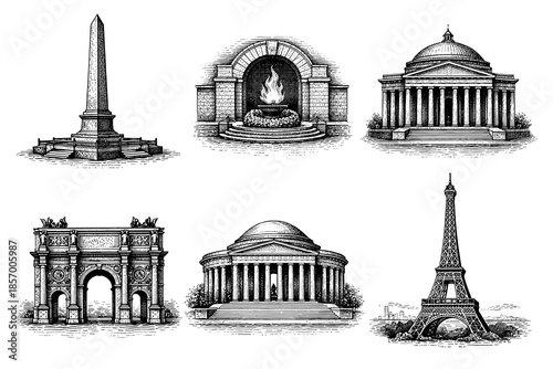 Classic architectural monuments: detailed black and white sketch collection