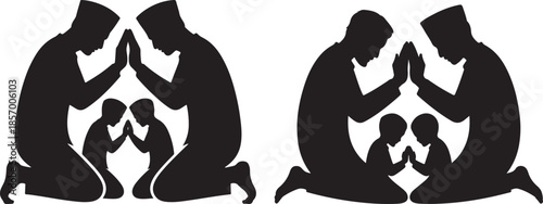 Silhouettes of Family Praying Together in Black and White
