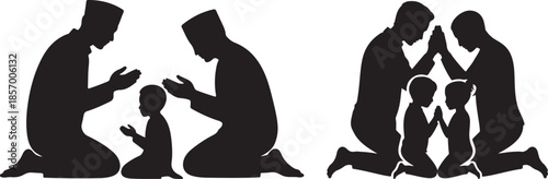 Silhouettes of People Praying Together in Two Groups