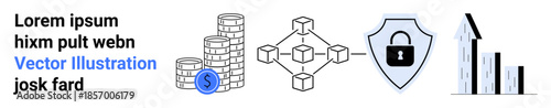 Finance, technology, data security, blockchain, cryptocurrency, business growth. Stacked coins, blockchain network shield with lock and growth chart. Finance and technology