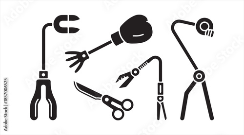 Vector robotic arm icon pack — mechanical manipulators with various tool attachments in black silhouettes