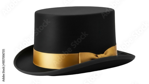 Fotografía Elegant black top hat with gold ribbon isolated PNG, classic formal headwear for
