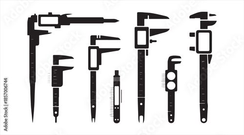 Vector digital caliper icon pack — precision electronic measuring instruments and gauges in black silhouettes
