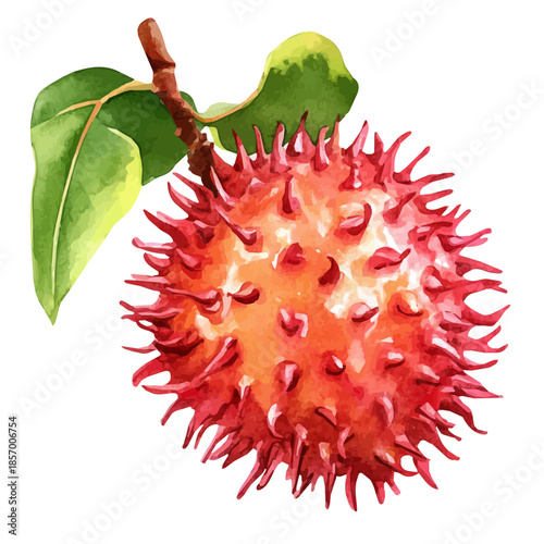 Hairless Rambutan, watercolor clipart showing delicate textures and whimsical forms, isolated on a white background.