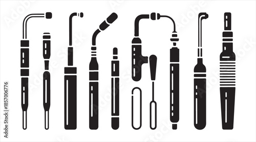 Vector icon pack of electric screwdrivers — cordless drivers with bits, batteries and cords in silhouette style