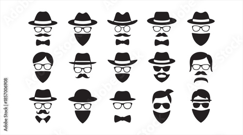 Vector hipster avatar icon pack — bearded faces with hats, glasses and bow ties in black silhouettes