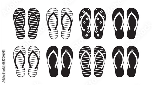 Vector flip flop icon pack — patterned beach sandals and thong slippers in black and white silhouettes