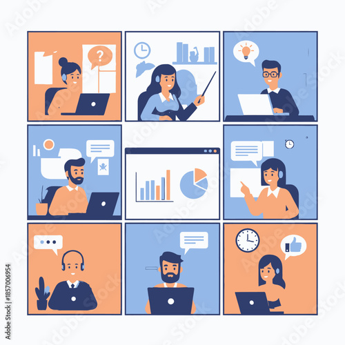 Online learning and remote work collage: people collaborating and studying on laptops