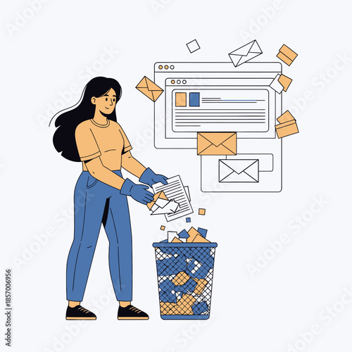 Woman cleaning inbox, throwing away emails and papers into trash bin
