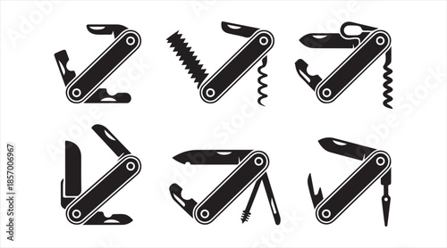 Compact outdoor pocket knife illustration set featuring multifunction folding multitools in vector silhouettes