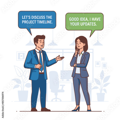 Two business colleagues discussing project timeline and updates in an office meeting.