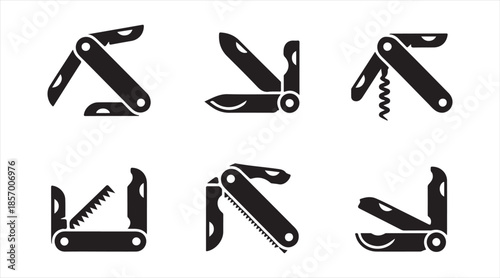 Vector icon pack of pocket multitools — folding knives with openers, corkscrews and accessories in silhouette style