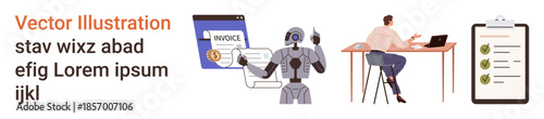 Artificial intelligence, automation, invoicing, remote work, task management, workflow optimization. A robot processes invoices, a person works on a laptop, and tasks are listed on a clipboard