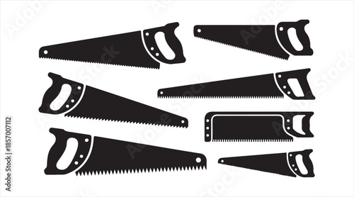 Vector hand saw icon pack — crosscut, rip and backsaw silhouettes for carpentry and woodworking tools