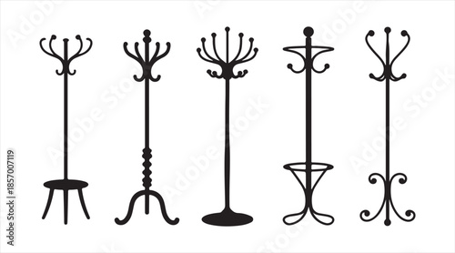 Vector coat rack illustration set featuring hall trees with multiple hooks for coats, hats and scarves