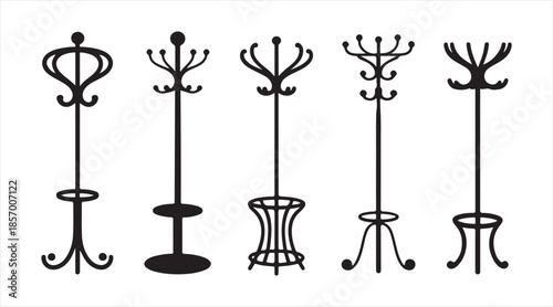Black coat rack glyph icons — entryway furniture set with classic and ornate standing rack designs