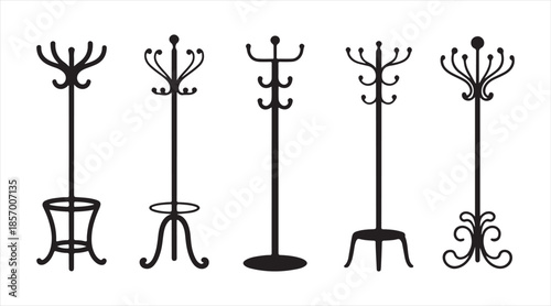 Standing coat rack vector icon pack — decorative hall tree and garment hanger silhouettes in multiple styles